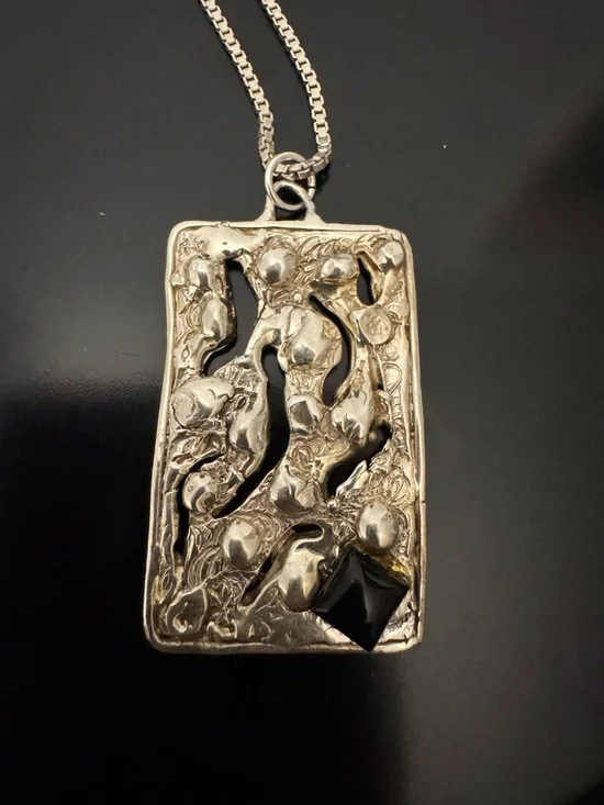 Sterling Silver Textured Rectangle Pendant Necklace with Onyx - Brutalist 24”